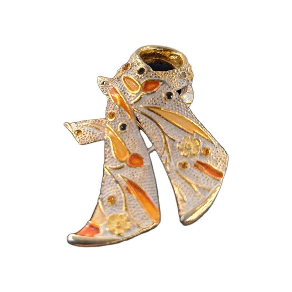 BSK Vintage Gold Tone Orange Yellow Enameled Flower Rhinestone Encrusted Brooch